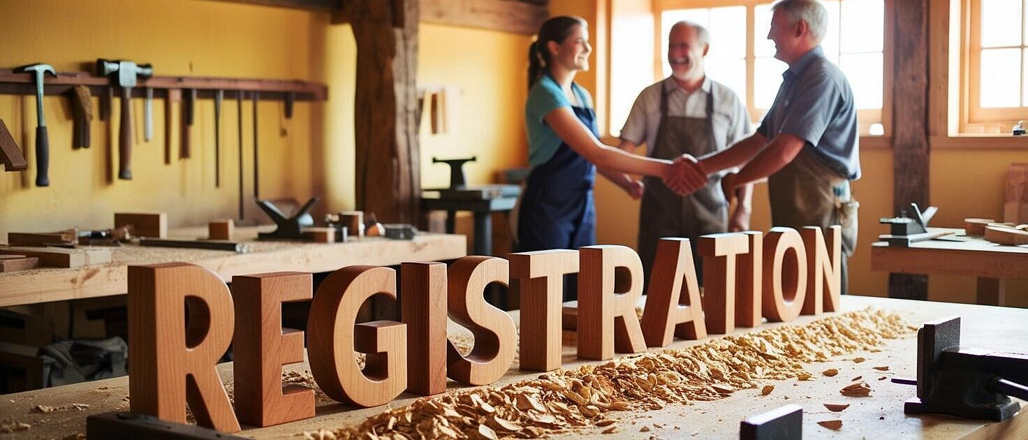 In einer Tischlerwerkstatt, auf einer Tischlerwerkbank stehen die Holzbuchstaben R, E, G, I, S, T, R, A, T, I, O, N. Im Hintergrund mehrere Personen die sich freudig mit Handschlag begrüßen.