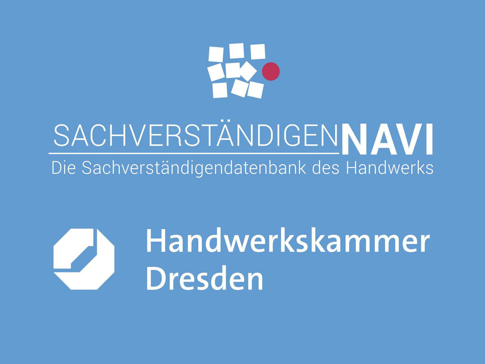Weißes Logo des SachverständigenNAVI: abstrakte Vierecke die an Pflastersteine erinnern, daneben ein roter Kreis. Darunter der Schriftzug \"SachverständigenNAVI - Die Sachverständigendatenbank des Handwerks\" auf hellblauem Hintergrund.